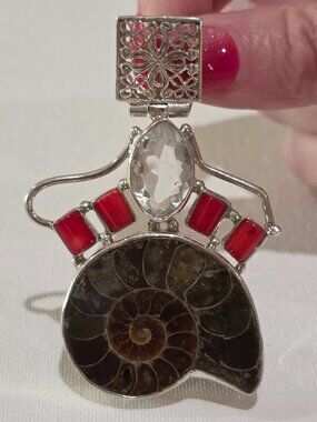 Vintage Ammonite Shell Red Coral Clear Gemstone Handmade Sterling Silver Pendant